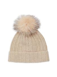 Amicale Fox Fur Pom-Pom Cashmere Beanie Oatmeal 202//269